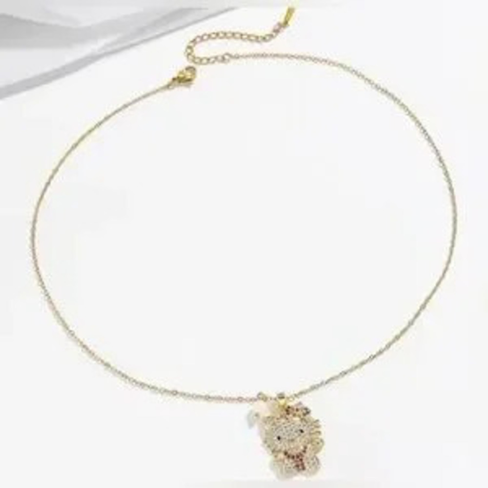 18K Gold Hello Kitty Pave Diamond Pearl Pendant Necklace Sanrio Character Kawaii